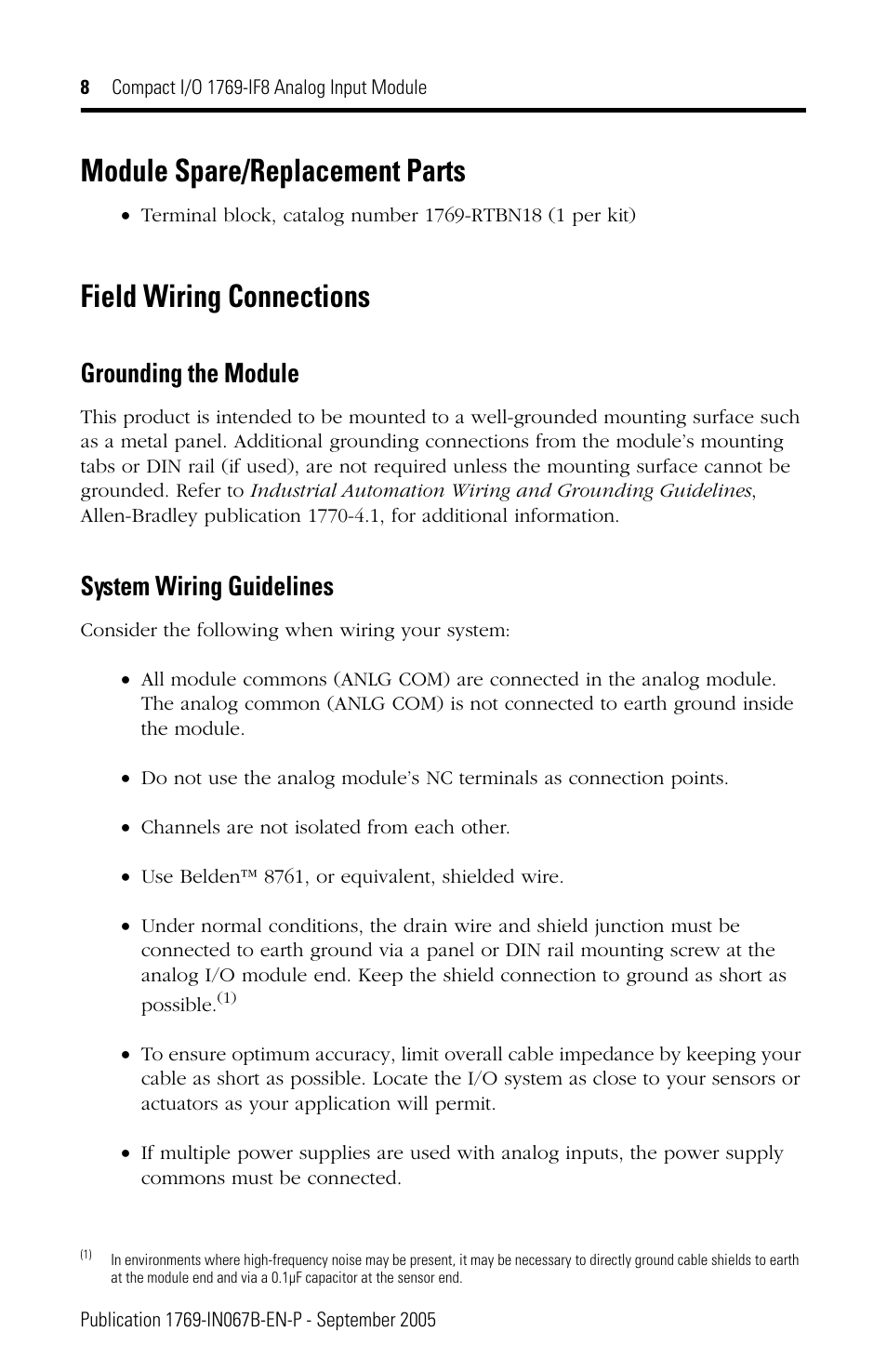 Module spare/replacement parts, Field wiring connections, Grounding the module | System wiring guidelines | Rockwell Automation 1769-IF8 Compact 1769-IF8 Analog Input Module User Manual | Page 8 / 32