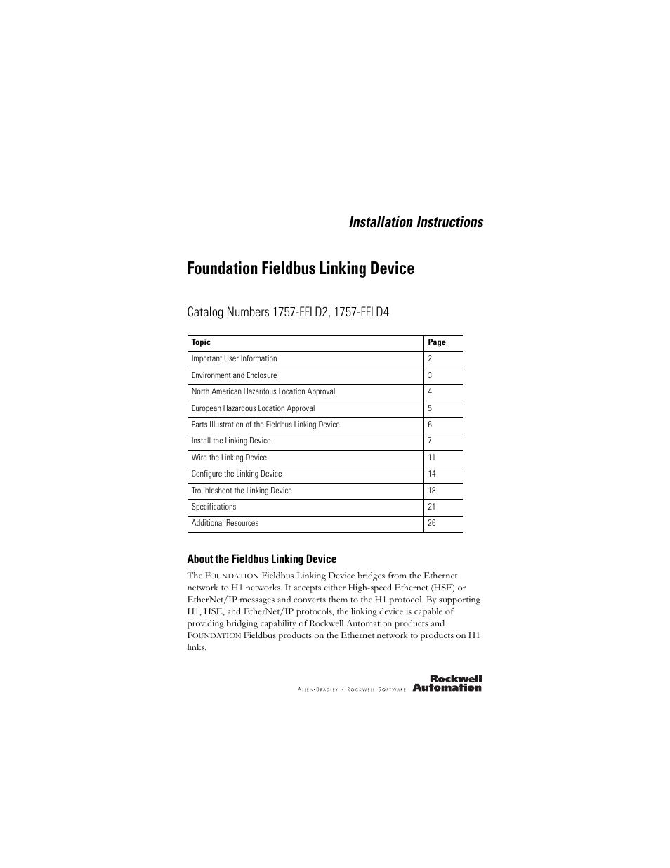 Rockwell Automation 1757-FFLD4 Foundation Fieldbus Linking Device Installation Instructions User Manual | 28 pages