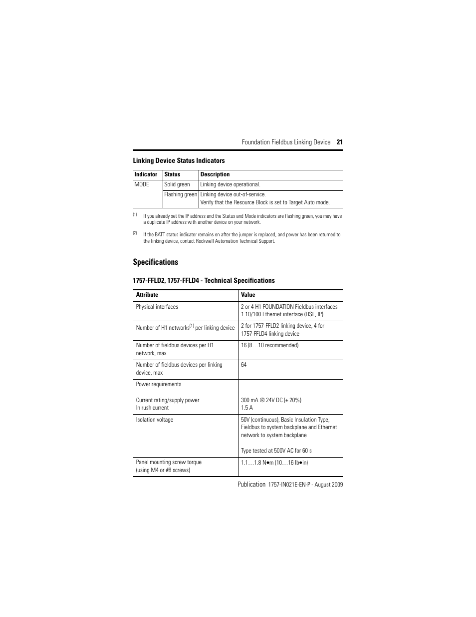 Specifications | Rockwell Automation 1757-FFLD4 Foundation Fieldbus Linking Device Installation Instructions User Manual | Page 21 / 28