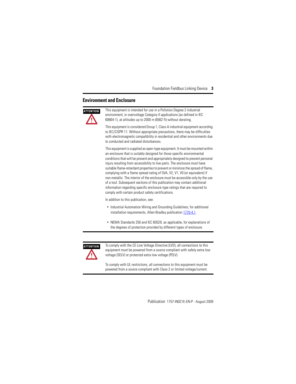 Environment and enclosure | Rockwell Automation 1757-FFLD4 Foundation Fieldbus Linking Device Installation Instructions User Manual | Page 3 / 28