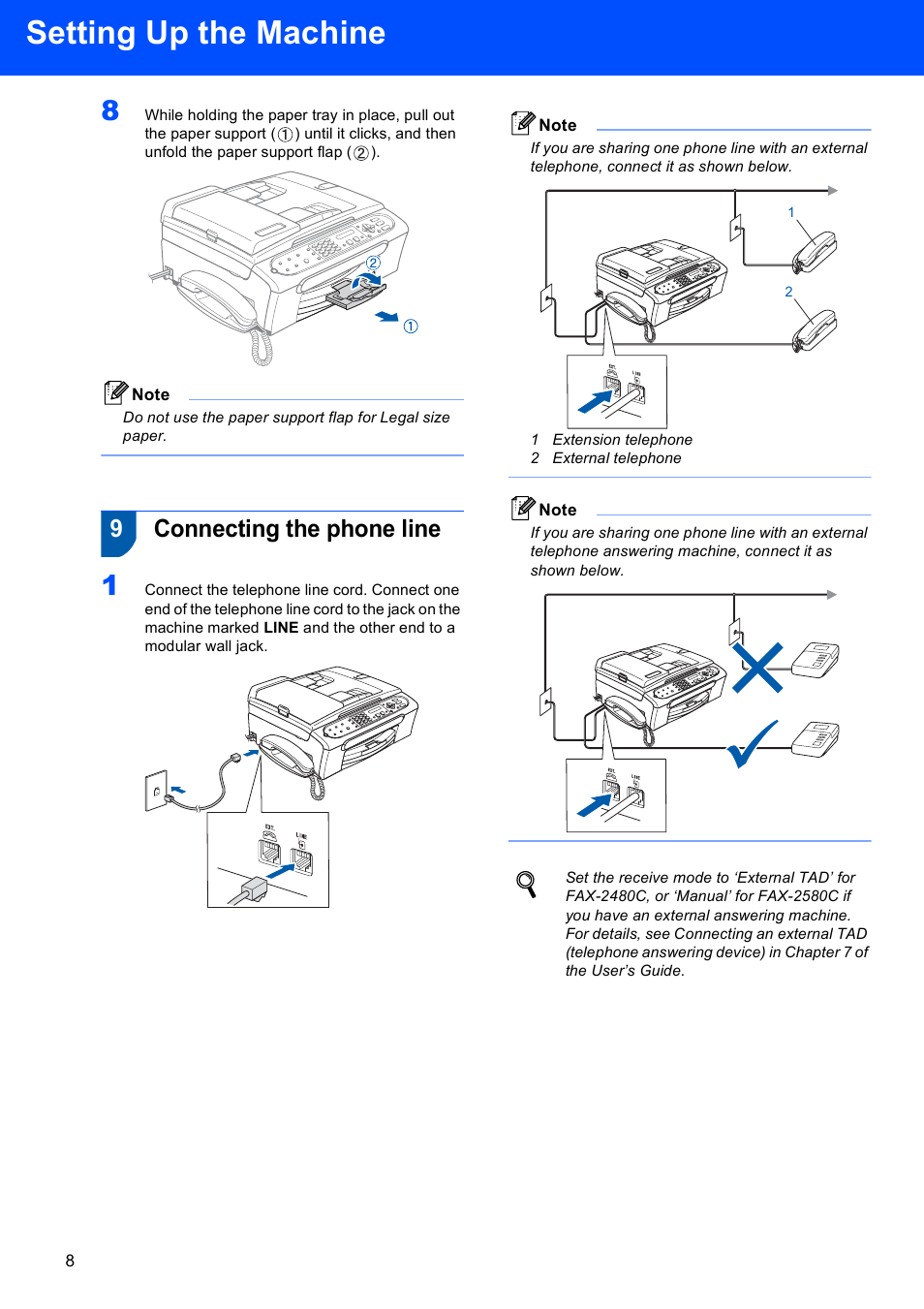 9 connecting the phone line, Setting up the machine, 9connecting the phone line | Brother FAX-2580C User Manual | Page 10 / 22