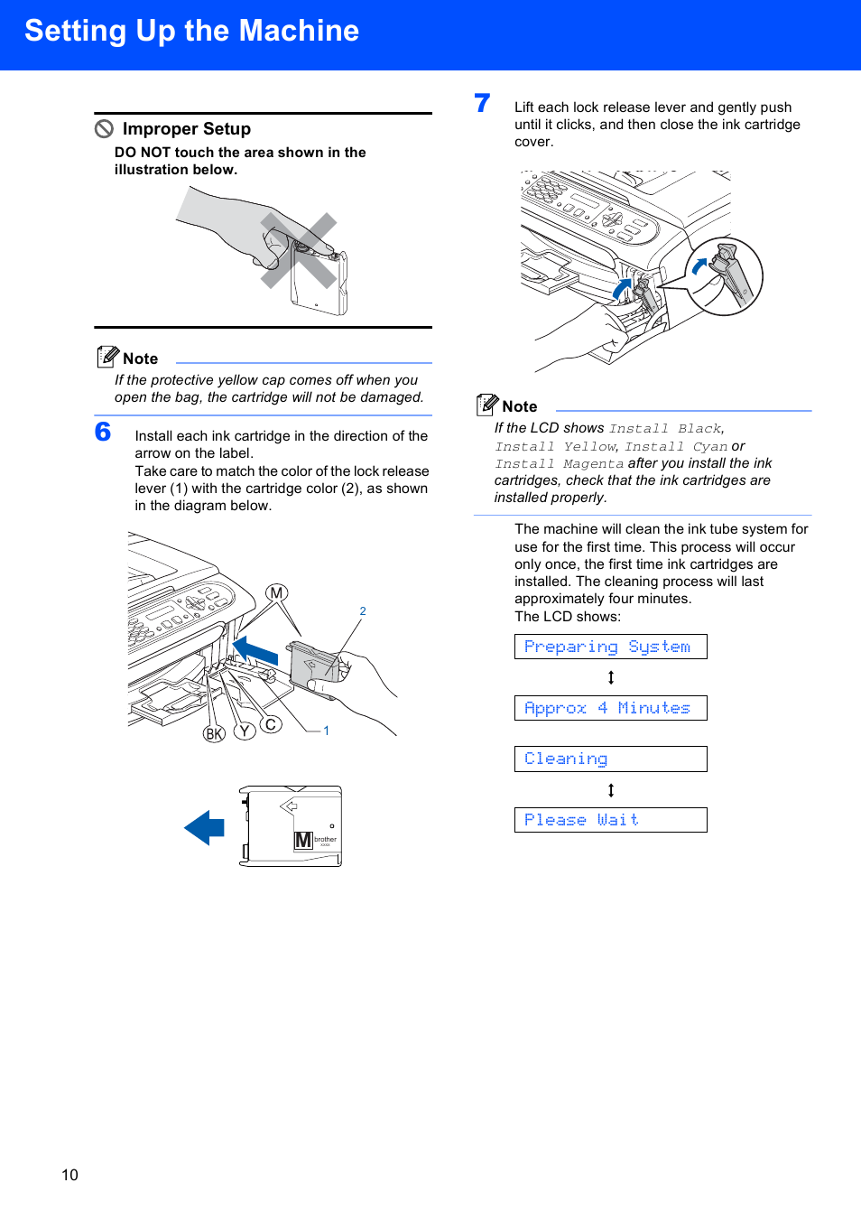 Setting up the machine, Preparing system, Approx 4 minutes | Cleaning, Please wait, Improper setup | Brother FAX-2580C User Manual | Page 12 / 22