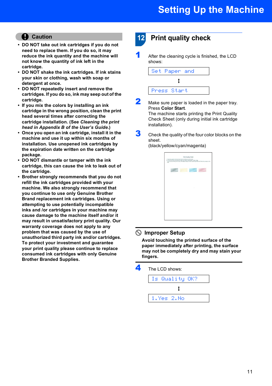 12 print quality check, Setting up the machine, Set paper and | Press start, Is quality ok, Yes 2.no | Brother FAX-2580C User Manual | Page 13 / 22