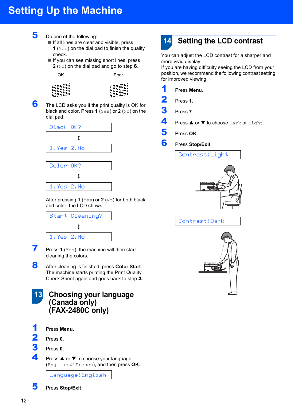 14 setting the lcd contrast, Setting up the machine | Brother FAX-2580C User Manual | Page 14 / 22