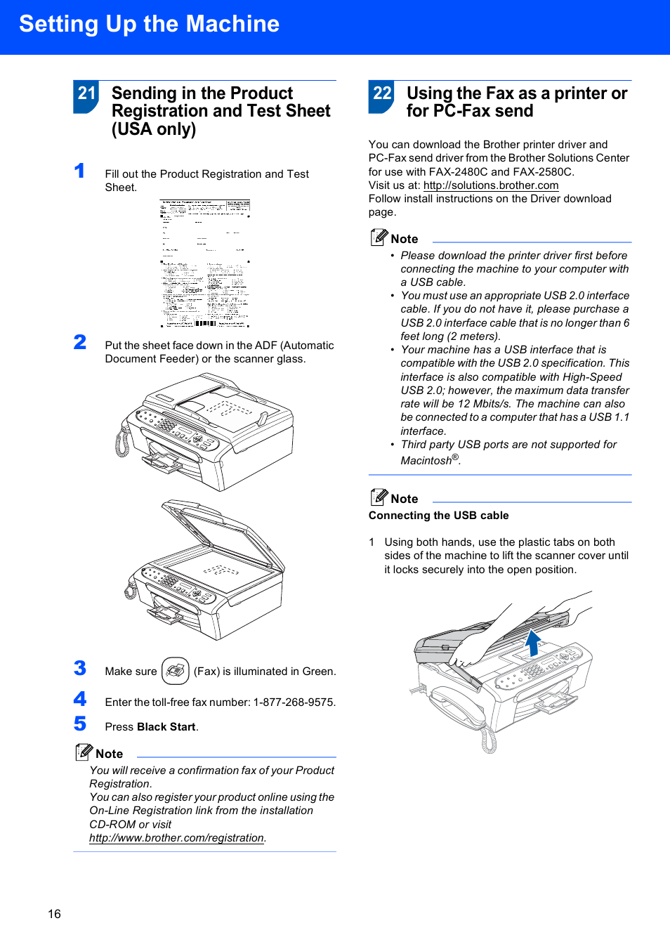 22 using the fax as a printer or for pc-fax send, Setting up the machine | Brother FAX-2580C User Manual | Page 18 / 22