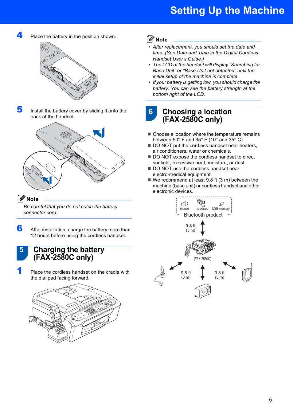 5 charging the battery (fax-2580c only), 6 choosing a location (fax-2580c only), Setting up the machine | Brother FAX-2580C User Manual | Page 7 / 22