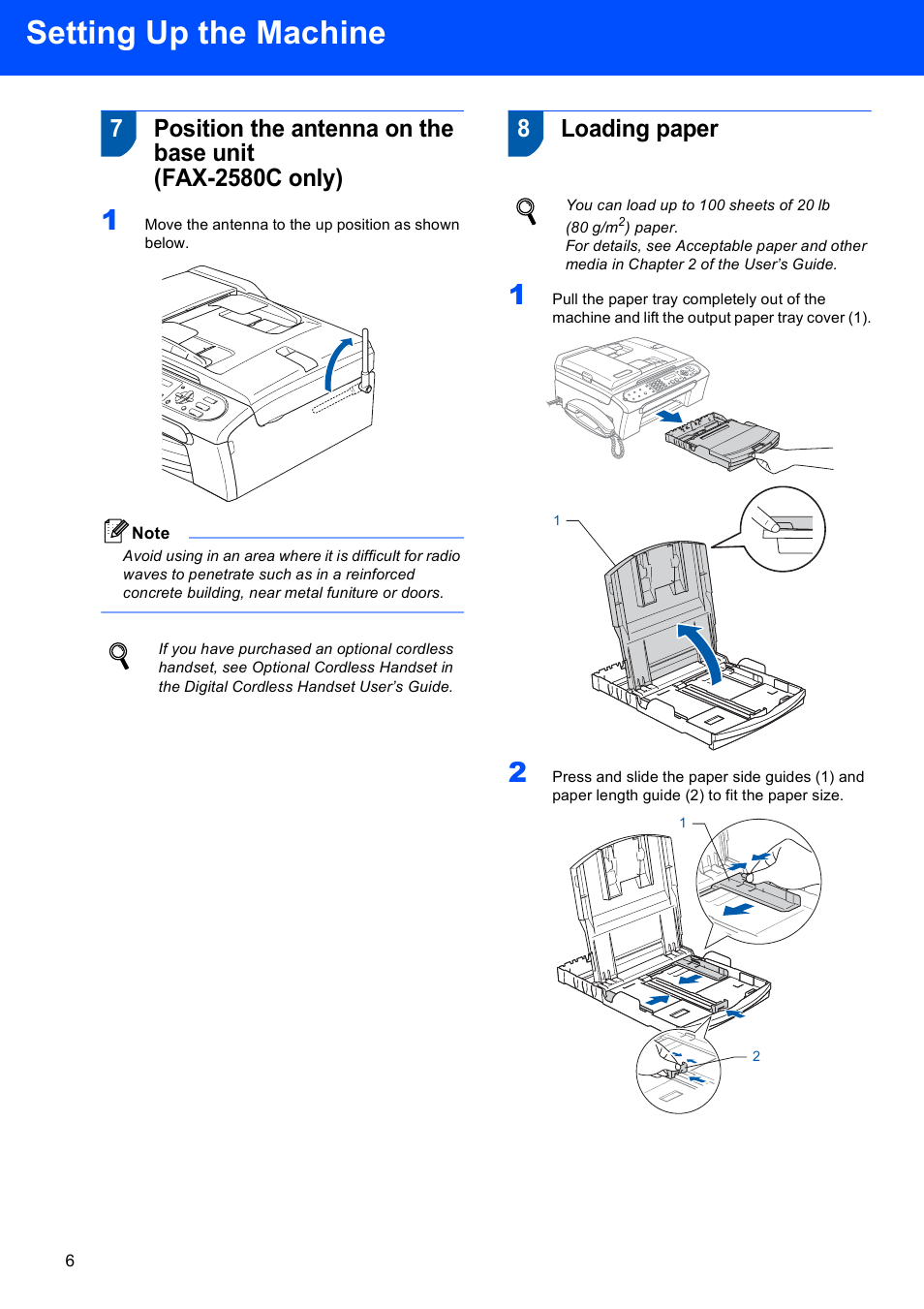 8 loading paper, Setting up the machine, 8loading paper | Brother FAX-2580C User Manual | Page 8 / 22