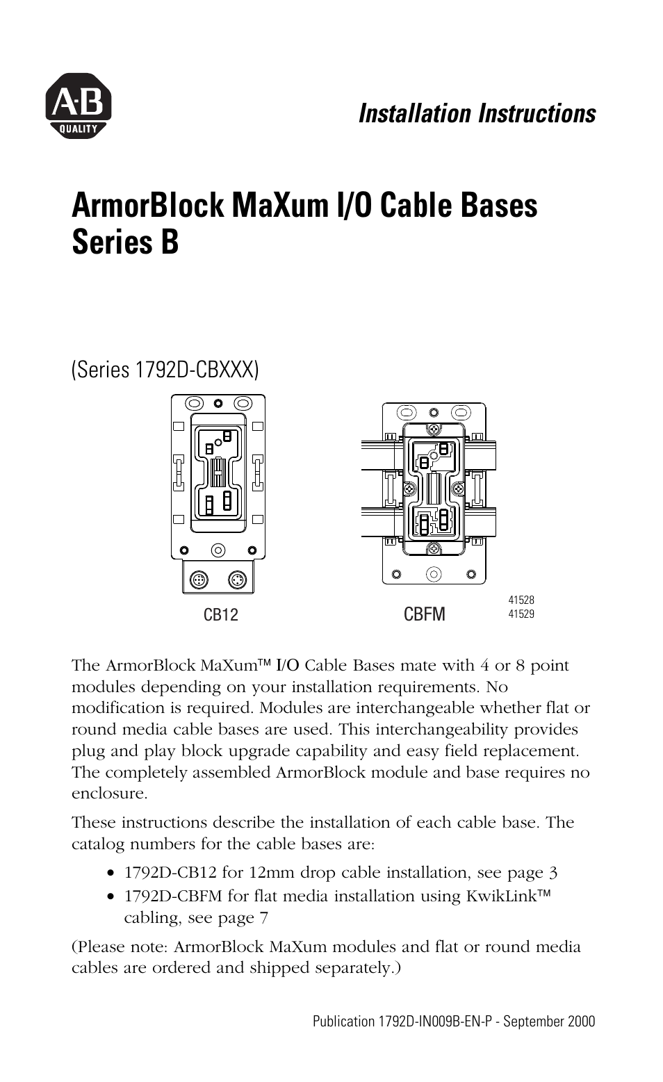 Rockwell Automation 1792D-CBXXX ArmorBlock MaXum I/O Cable Bases Series B User Manual | 16 pages