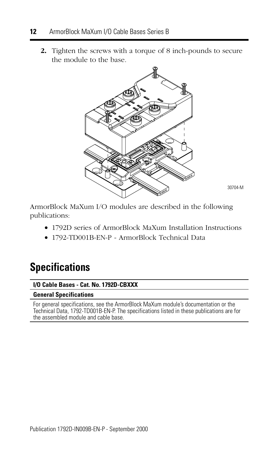 Specifications | Rockwell Automation 1792D-CBXXX ArmorBlock MaXum I/O Cable Bases Series B User Manual | Page 12 / 16