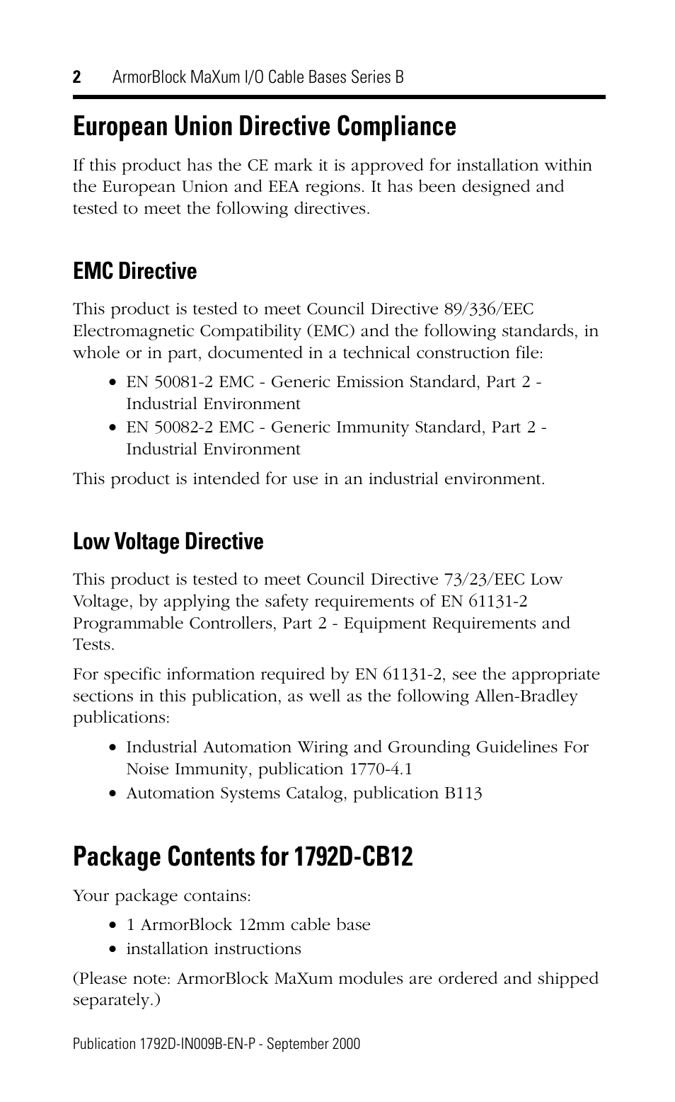 European union directive compliance, Emc directive, Low voltage directive | Rockwell Automation 1792D-CBXXX ArmorBlock MaXum I/O Cable Bases Series B User Manual | Page 2 / 16