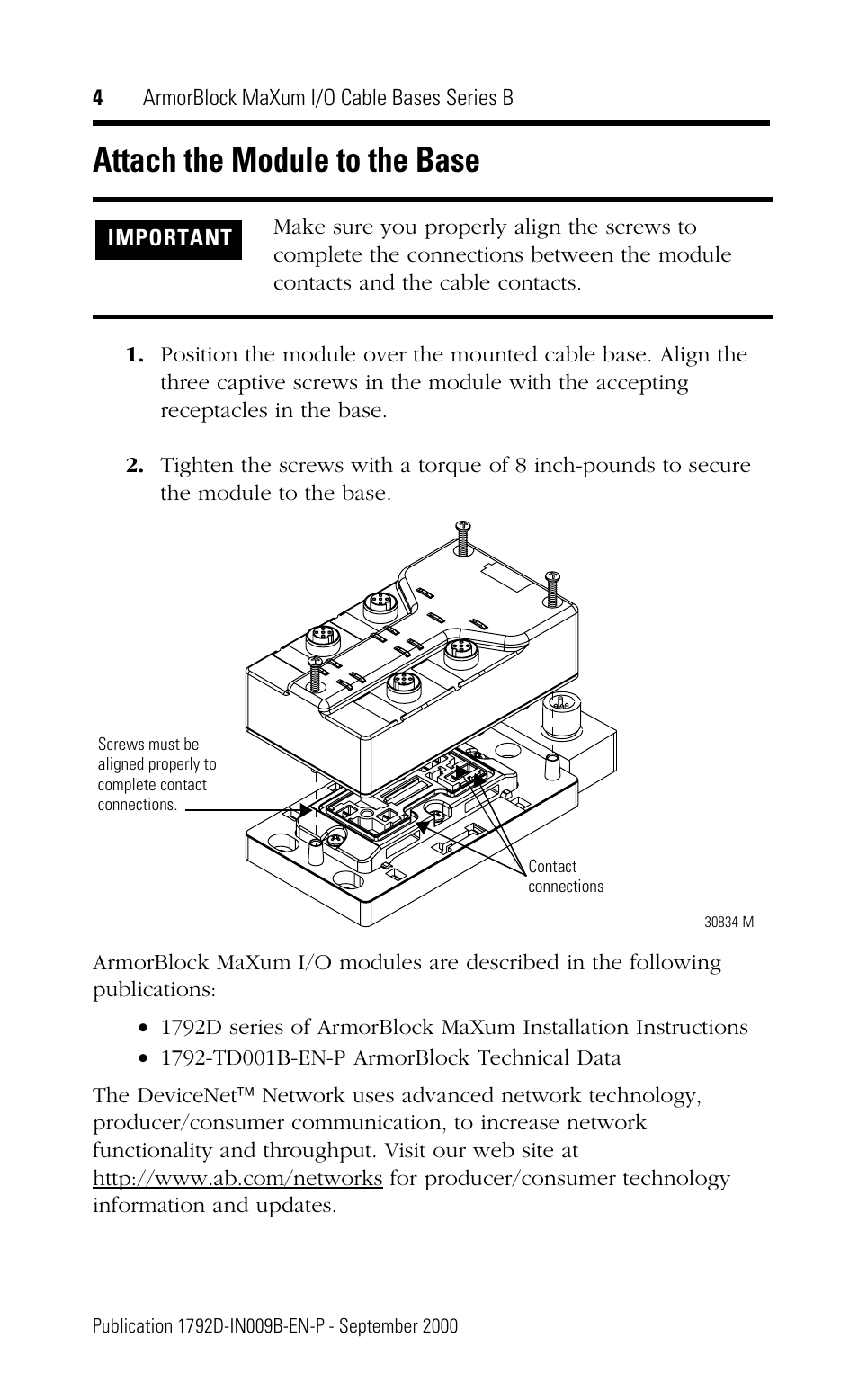 Attach the module to the base | Rockwell Automation 1792D-CBXXX ArmorBlock MaXum I/O Cable Bases Series B User Manual | Page 4 / 16
