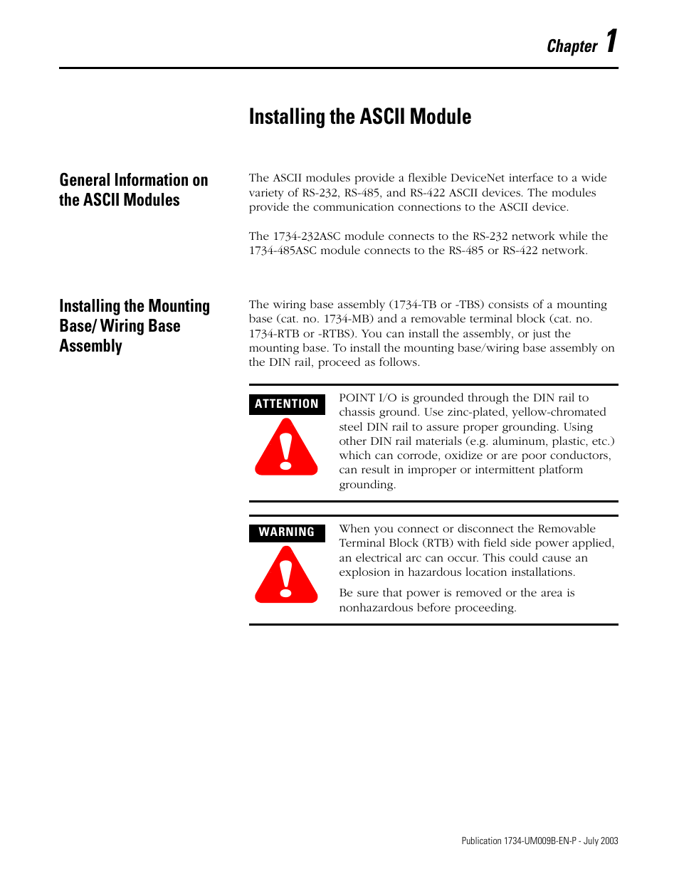 1, installing the ascii module, General information on the ascii modules, Installing the mounting base/ wiring base assembly | Installing the ascii module, Apter 1 | Rockwell Automation 1734-485ASC POINT I/O ASCII User Manual User Manual | Page 11 / 76