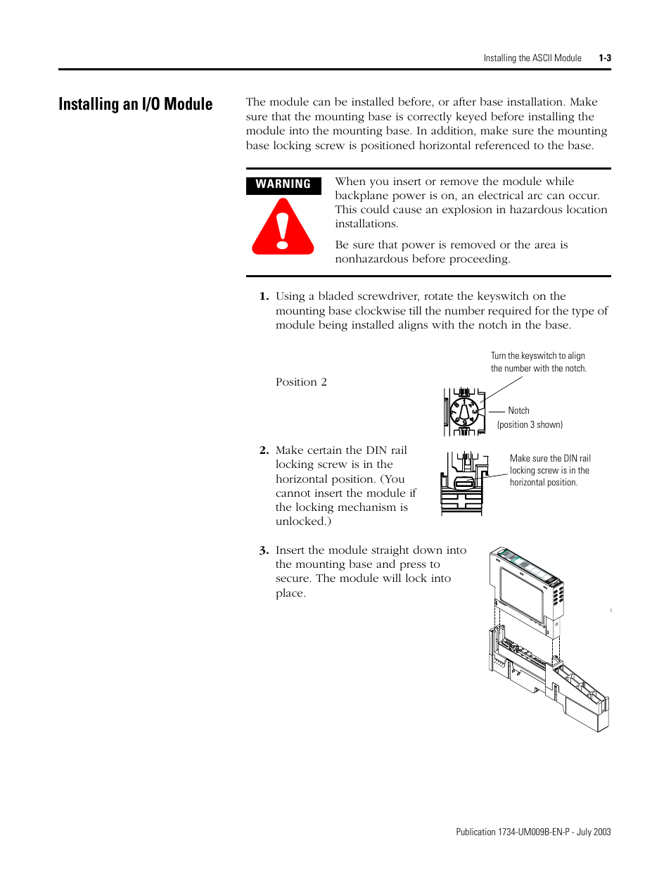 Installing an i/o module, Nstalling an i/o module -3 | Rockwell Automation 1734-485ASC POINT I/O ASCII User Manual User Manual | Page 13 / 76
