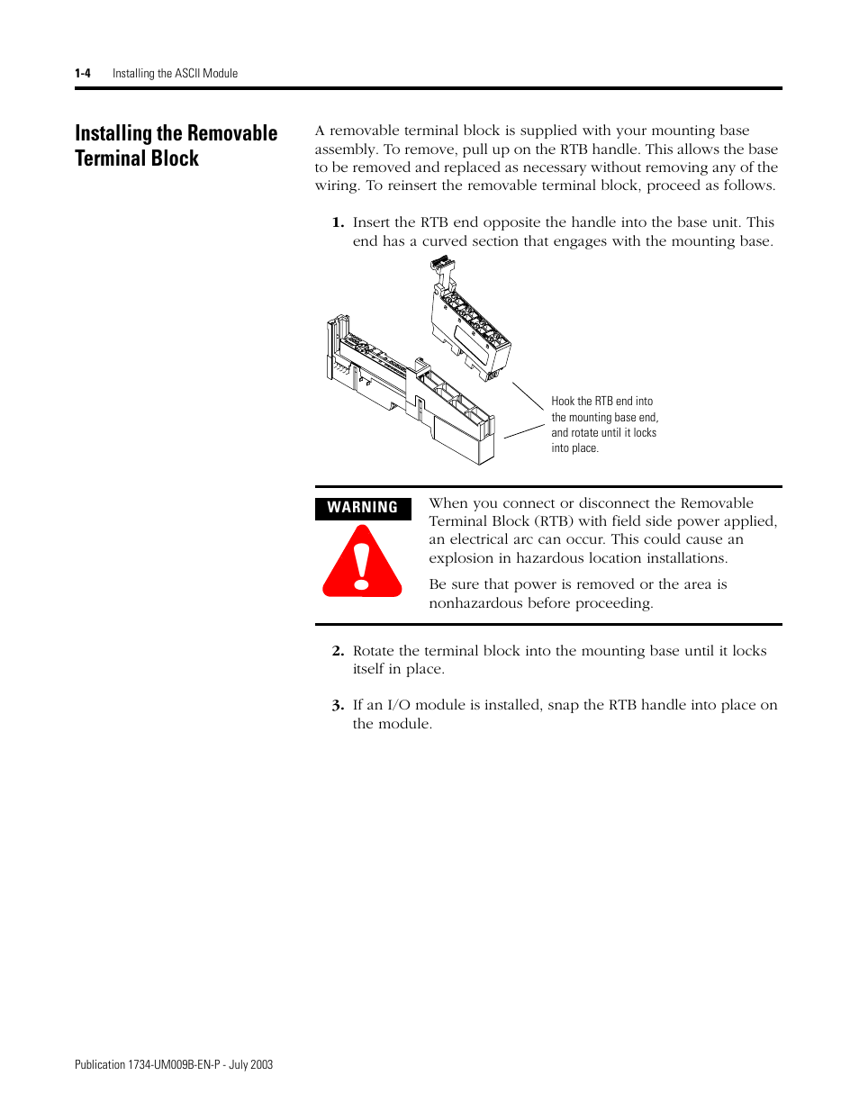 Installing the removable terminal block, Installing the removable terminal block -4 | Rockwell Automation 1734-485ASC POINT I/O ASCII User Manual User Manual | Page 14 / 76