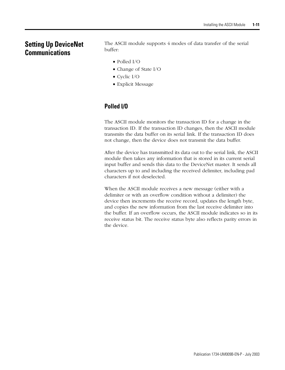 Setting up devicenet communications, Setting up devicenet communications -11, Polled i/o -11 | Rockwell Automation 1734-485ASC POINT I/O ASCII User Manual User Manual | Page 21 / 76