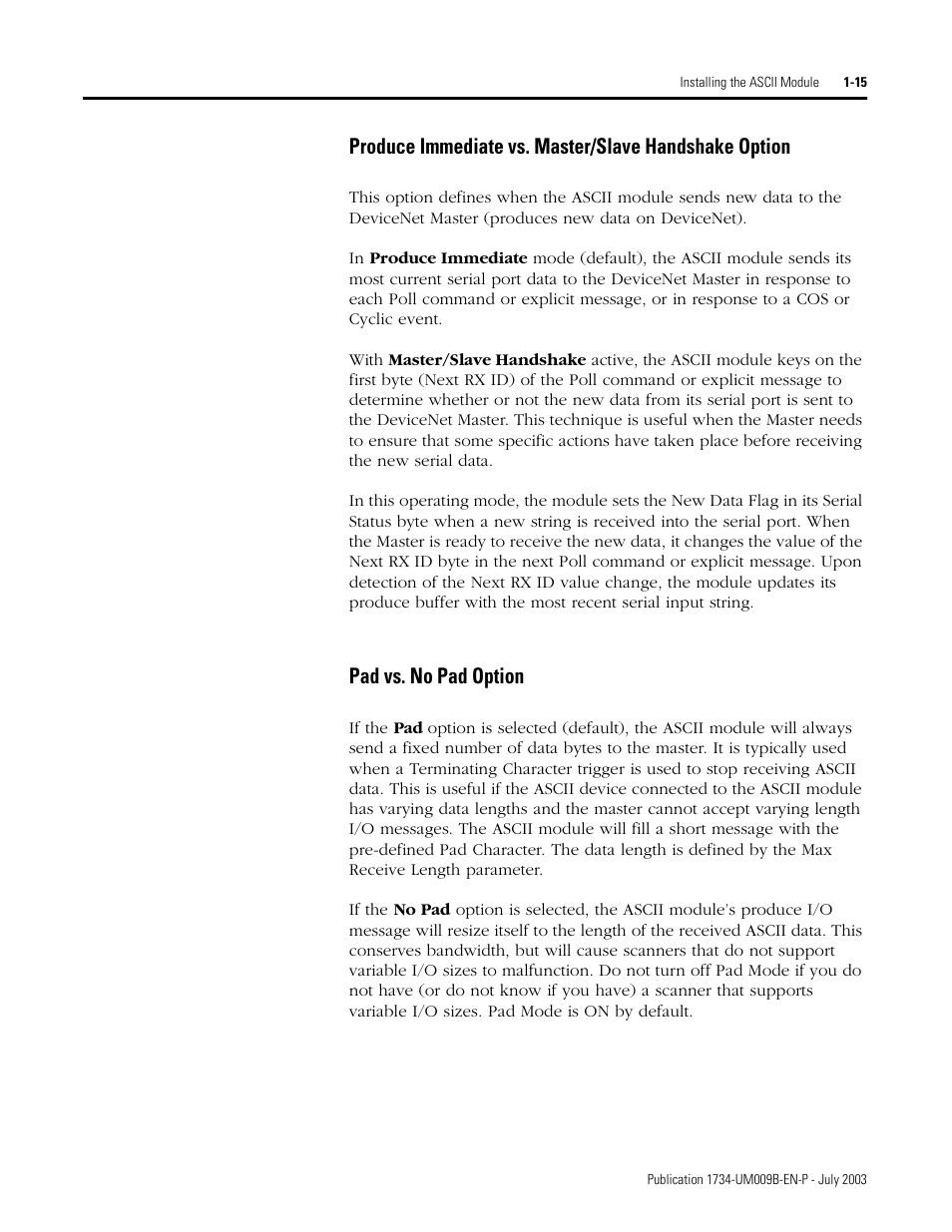 Pad vs. no pad option | Rockwell Automation 1734-485ASC POINT I/O ASCII User Manual User Manual | Page 25 / 76