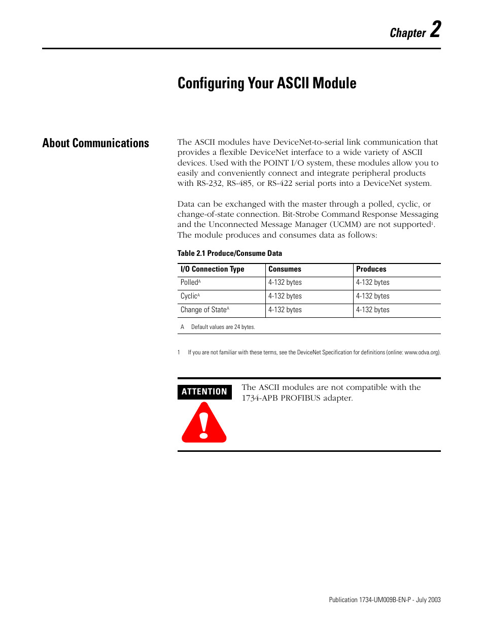 2, configuring your ascii module, About communications, Configuring your ascii module | Chapter 2, About communications -1, Chapter | Rockwell Automation 1734-485ASC POINT I/O ASCII User Manual User Manual | Page 27 / 76