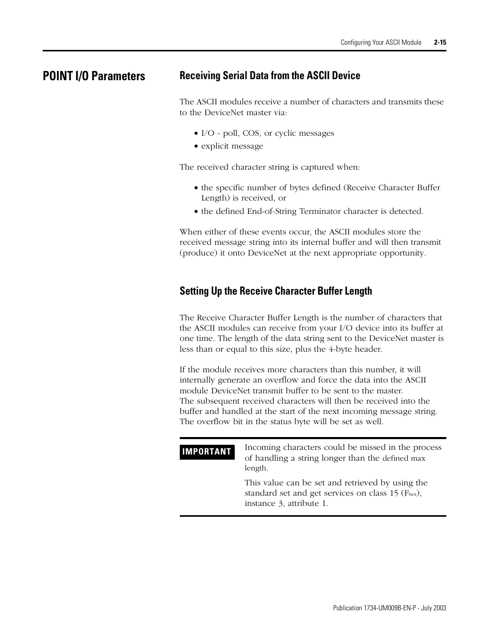 Point i/o parameters, Point i/o parameters -15, Receiving serial data from the ascii device | Setting up the receive character buffer length | Rockwell Automation 1734-485ASC POINT I/O ASCII User Manual User Manual | Page 41 / 76