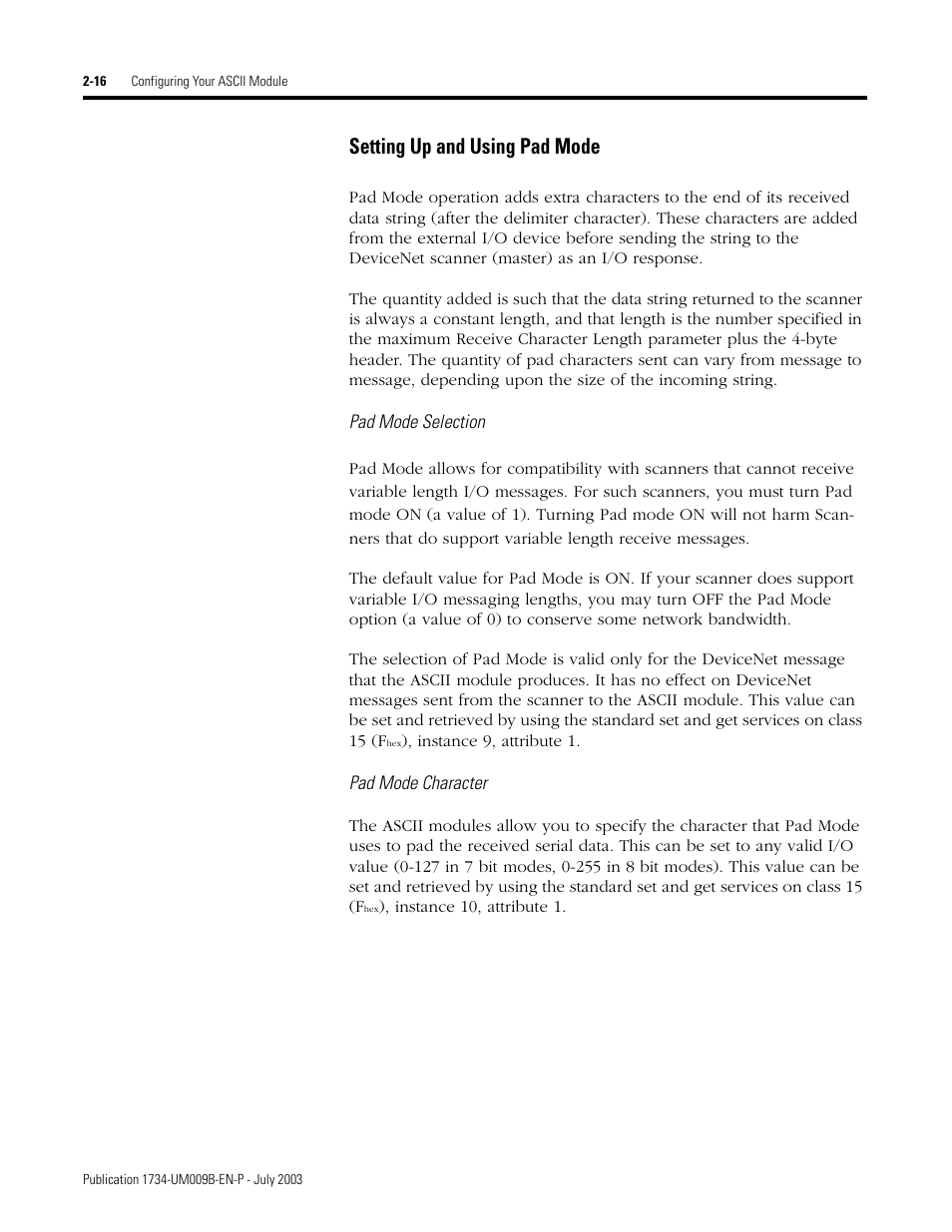 Setting up and using pad mode -16, Setting up and using pad mode | Rockwell Automation 1734-485ASC POINT I/O ASCII User Manual User Manual | Page 42 / 76