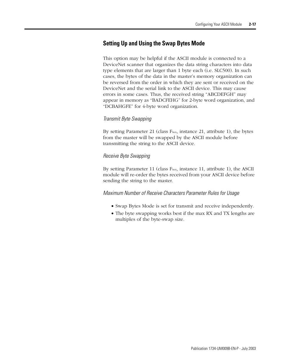 Setting up and using the swap bytes mode -17, Setting up and using the swap bytes mode | Rockwell Automation 1734-485ASC POINT I/O ASCII User Manual User Manual | Page 43 / 76