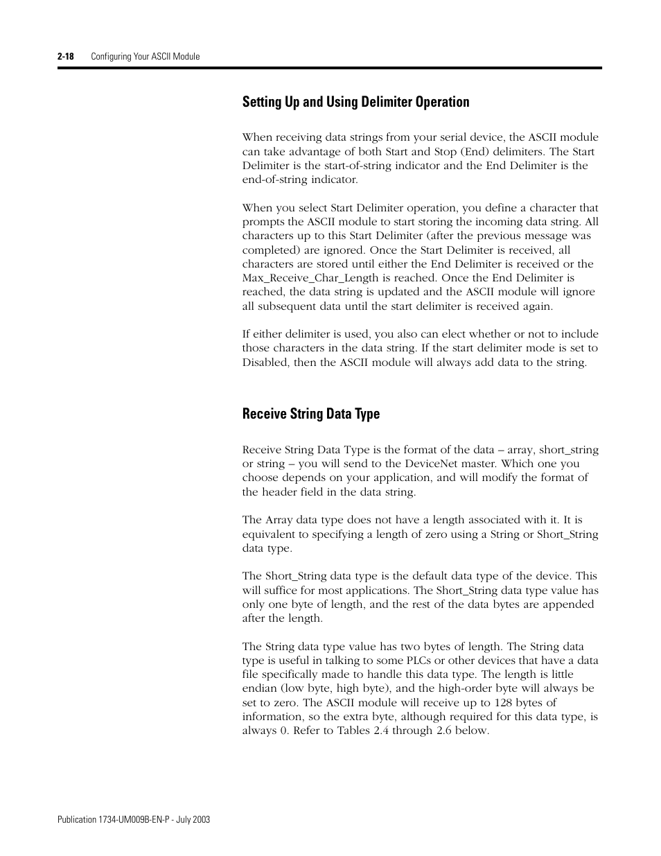 Setting up and using delimiter operation, Receive string data type | Rockwell Automation 1734-485ASC POINT I/O ASCII User Manual User Manual | Page 44 / 76