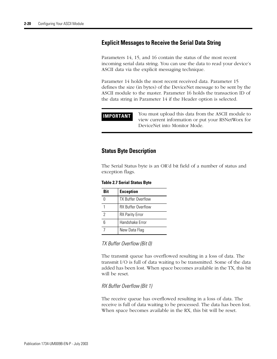 Status byte description | Rockwell Automation 1734-485ASC POINT I/O ASCII User Manual User Manual | Page 46 / 76