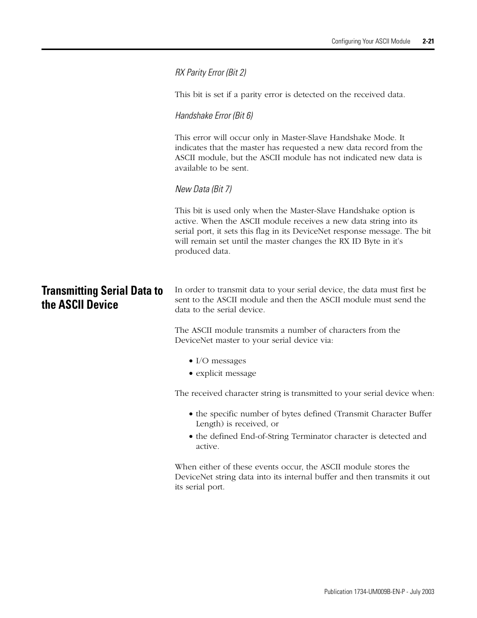 Transmitting serial data to the ascii device, Transmitting serial data to the ascii device -21 | Rockwell Automation 1734-485ASC POINT I/O ASCII User Manual User Manual | Page 47 / 76