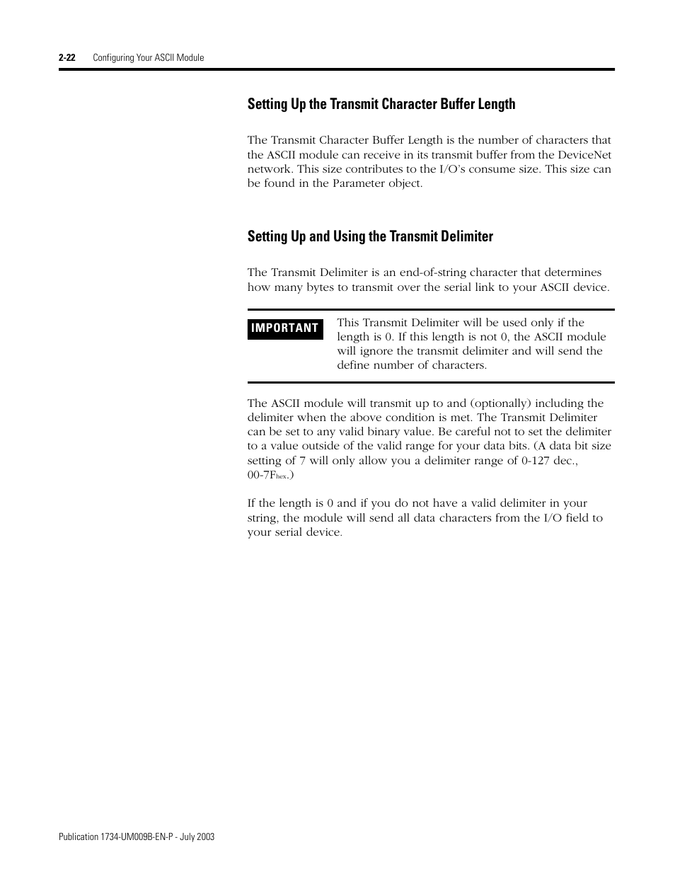 Setting up the transmit character buffer length, Setting up and using the transmit delimiter | Rockwell Automation 1734-485ASC POINT I/O ASCII User Manual User Manual | Page 48 / 76