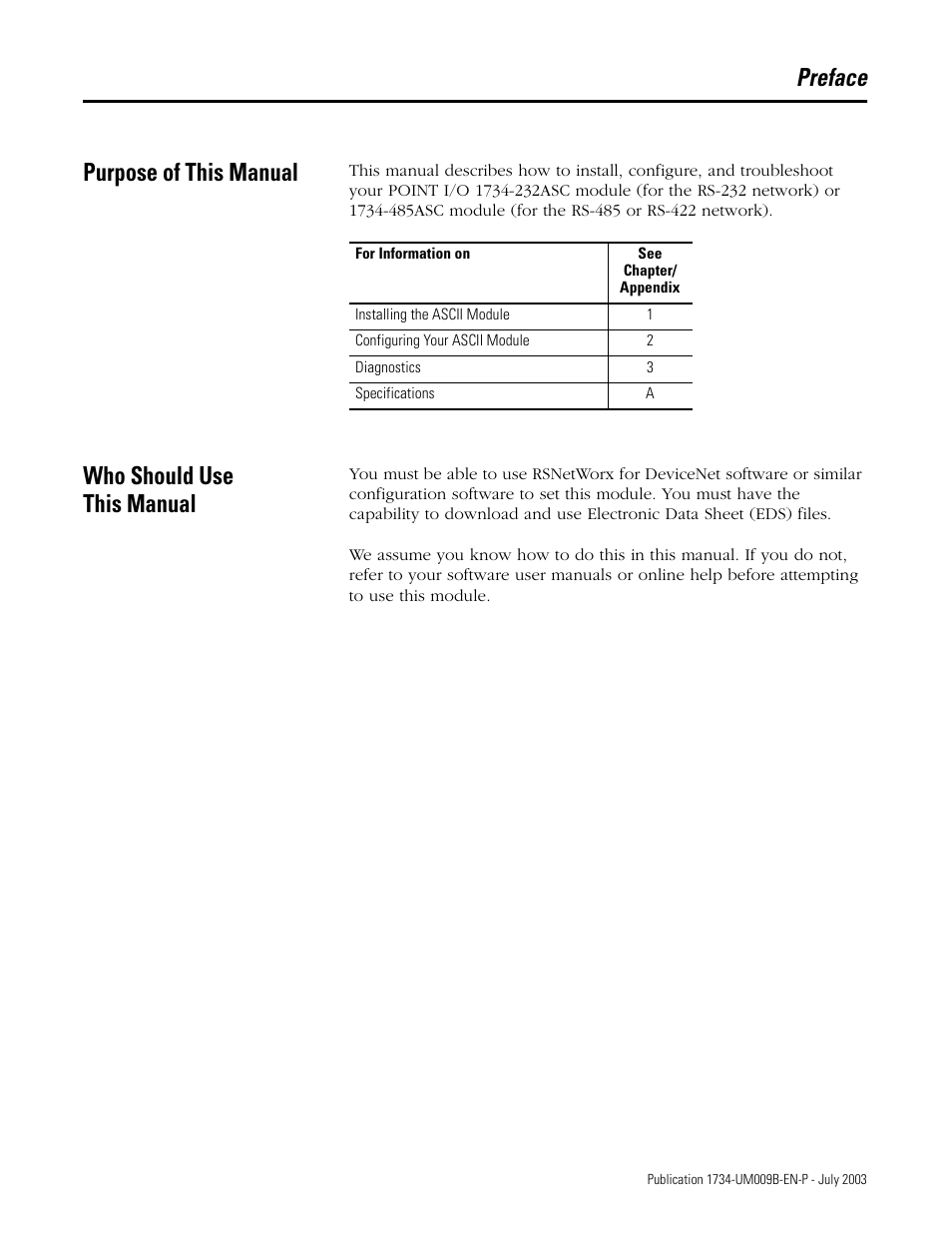 Preface, Purpose of this manual, Who should use this manual | Preface purpose of this manual | Rockwell Automation 1734-485ASC POINT I/O ASCII User Manual User Manual | Page 5 / 76