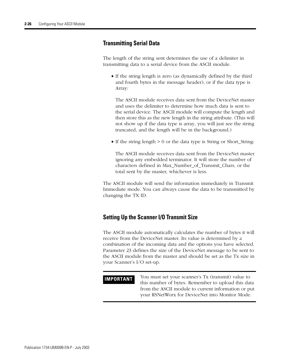 Transmitting serial data, Setting up the scanner i/o transmit size | Rockwell Automation 1734-485ASC POINT I/O ASCII User Manual User Manual | Page 52 / 76