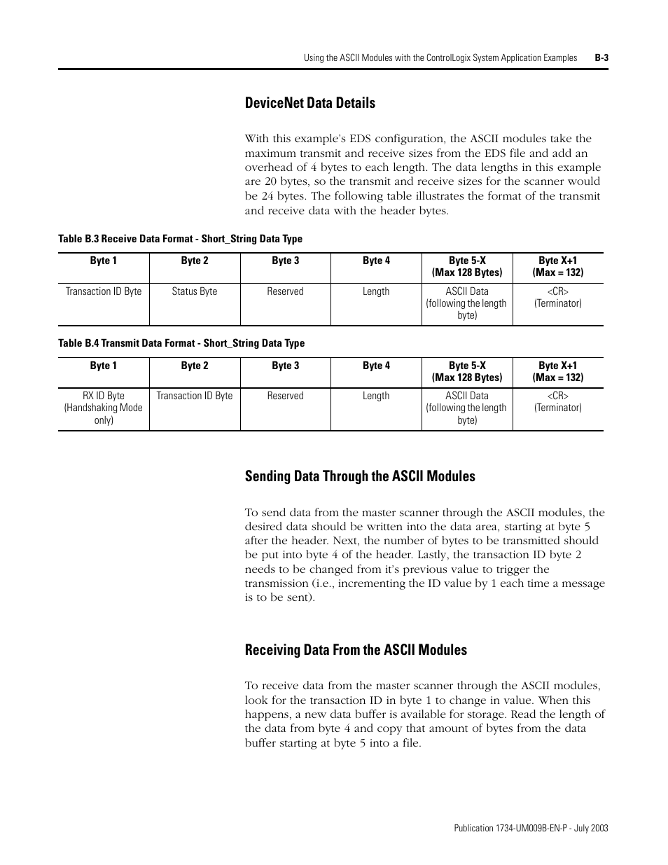 Devicenet data details, Sending data through the ascii modules, Receiving data from the ascii modules | Rockwell Automation 1734-485ASC POINT I/O ASCII User Manual User Manual | Page 63 / 76