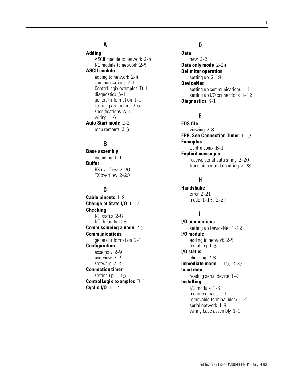 Index | Rockwell Automation 1734-485ASC POINT I/O ASCII User Manual User Manual | Page 69 / 76