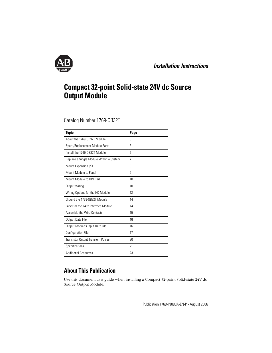 Rockwell Automation 1769-OB32T Compact 32-point Solid-state 24V dc Source Output Module User Manual | 24 pages