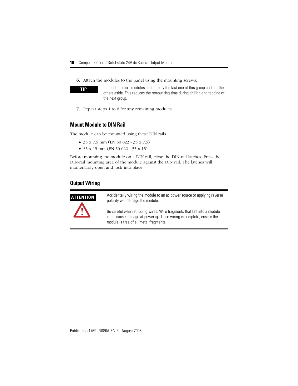 Mount module to din rail, Output wiring | Rockwell Automation 1769-OB32T Compact 32-point Solid-state 24V dc Source Output Module User Manual | Page 10 / 24