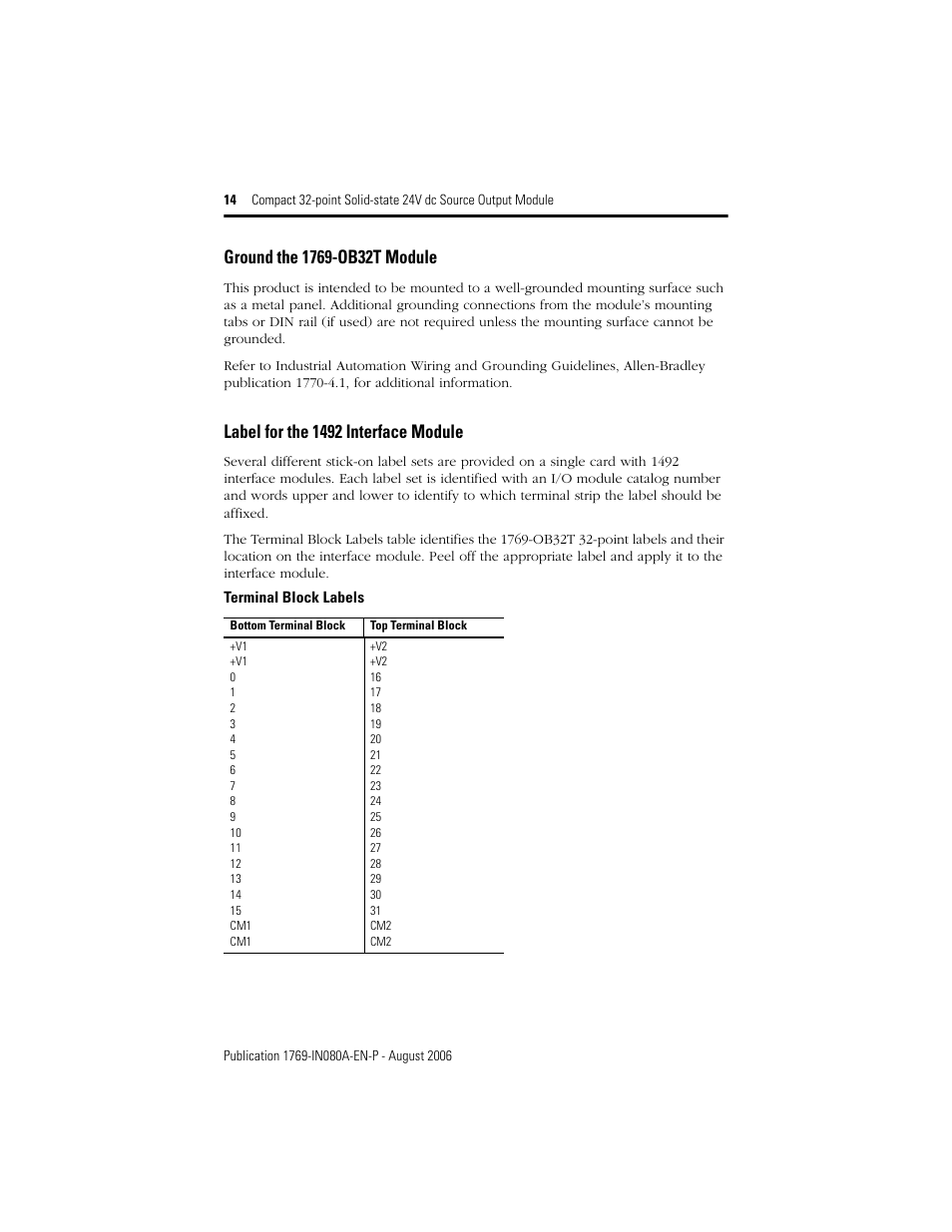 Ground the 1769-ob32t module, Label for the 1492 interface module | Rockwell Automation 1769-OB32T Compact 32-point Solid-state 24V dc Source Output Module User Manual | Page 14 / 24