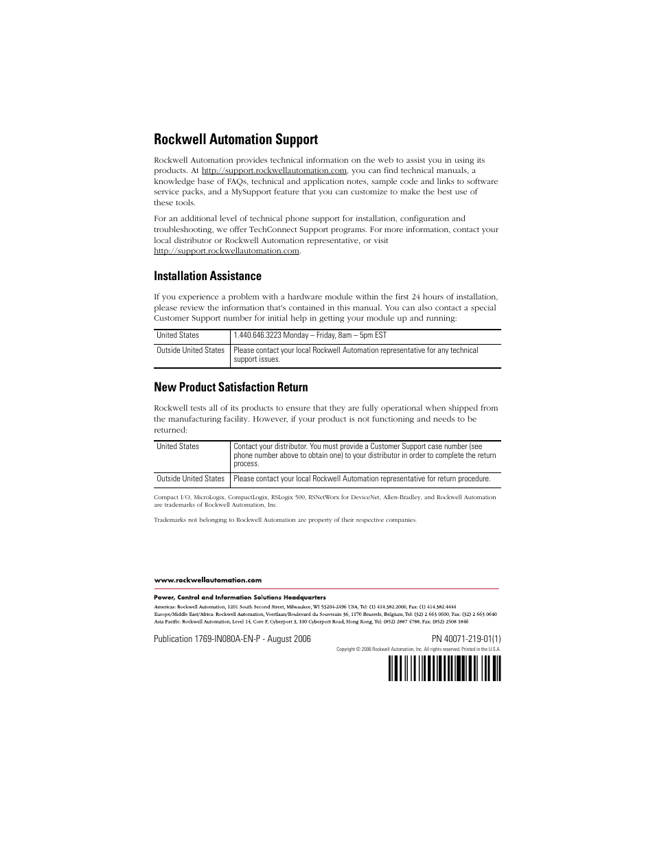 Back cover, H',3!¶1d, Rockwell automation support | Installation assistance, New product satisfaction return | Rockwell Automation 1769-OB32T Compact 32-point Solid-state 24V dc Source Output Module User Manual | Page 24 / 24