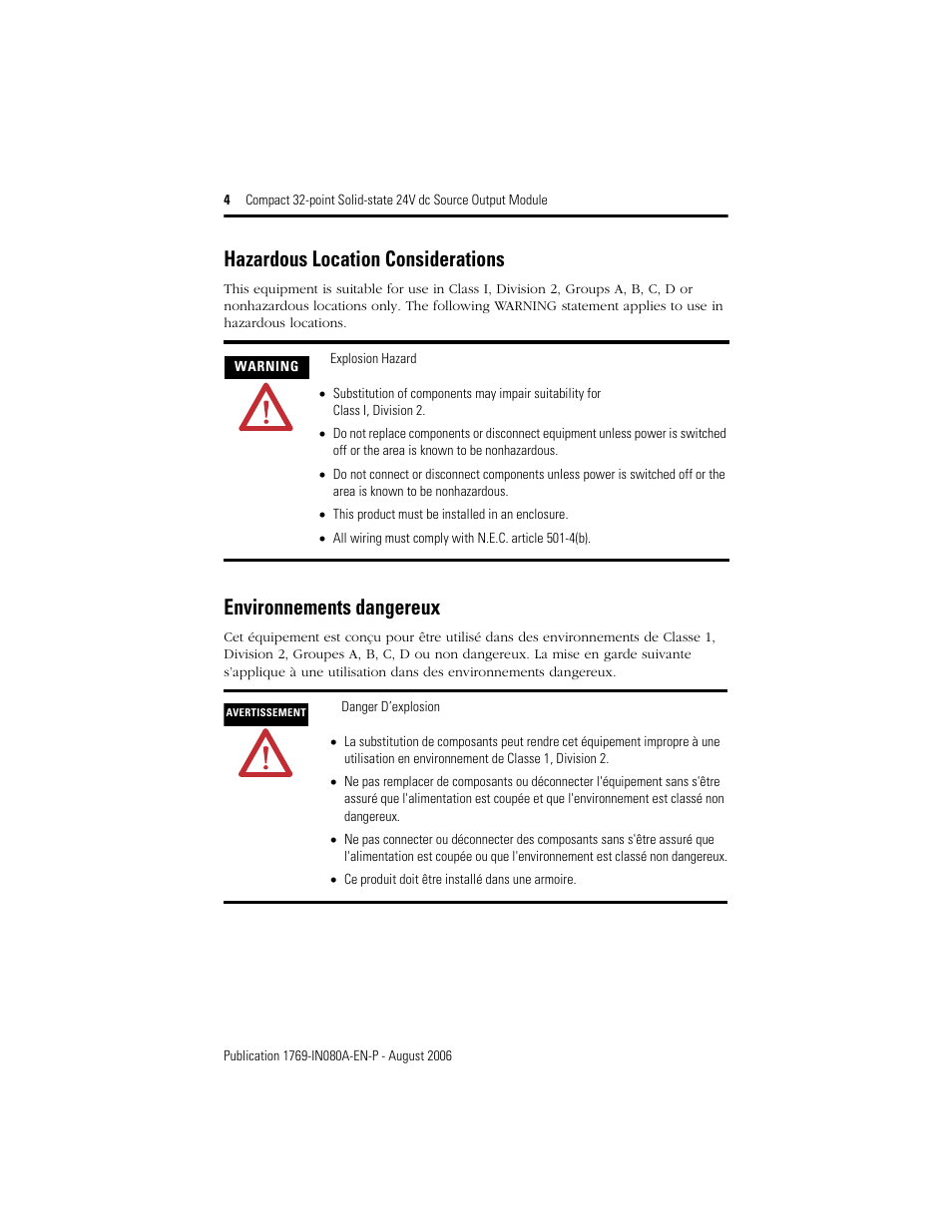 Hazardous location considerations, Environnements dangereux | Rockwell Automation 1769-OB32T Compact 32-point Solid-state 24V dc Source Output Module User Manual | Page 4 / 24