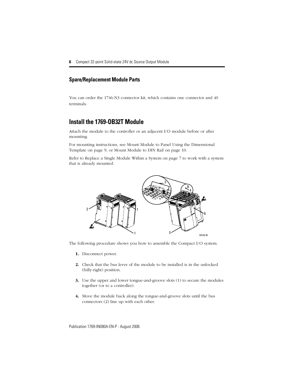 Spare/replacement module parts, Install the 1769-ob32t module | Rockwell Automation 1769-OB32T Compact 32-point Solid-state 24V dc Source Output Module User Manual | Page 6 / 24