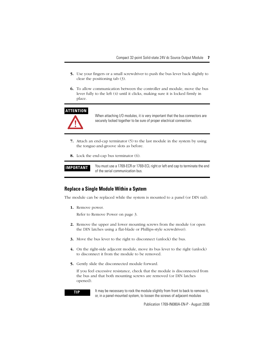 Replace a single module within a system | Rockwell Automation 1769-OB32T Compact 32-point Solid-state 24V dc Source Output Module User Manual | Page 7 / 24