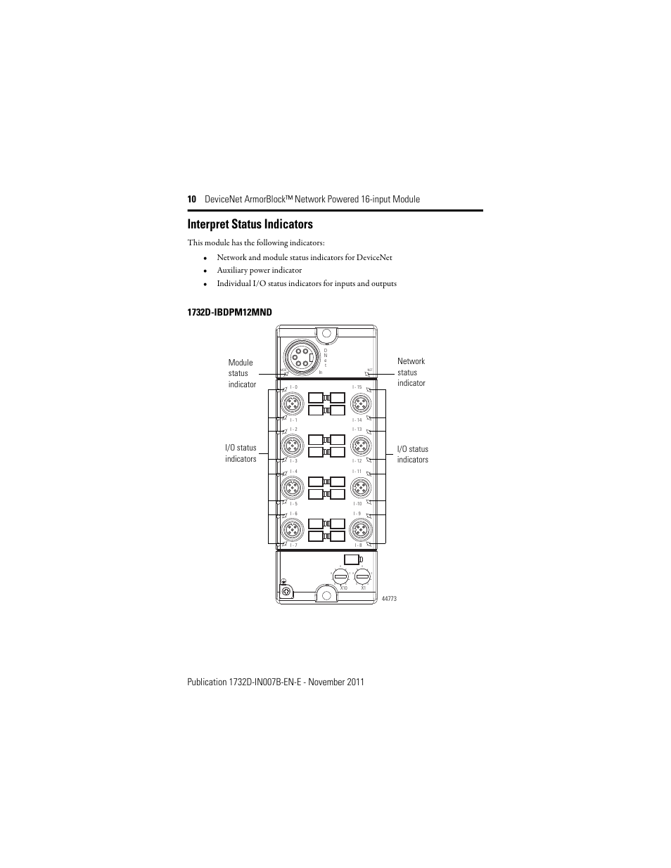 Interpret status indicators, Module status indicator | Rockwell Automation 1732D-IBDPM12MND DeviceNet ArmorBlock Network Powered 16-Input Module, Series A I.I. User Manual | Page 10 / 16