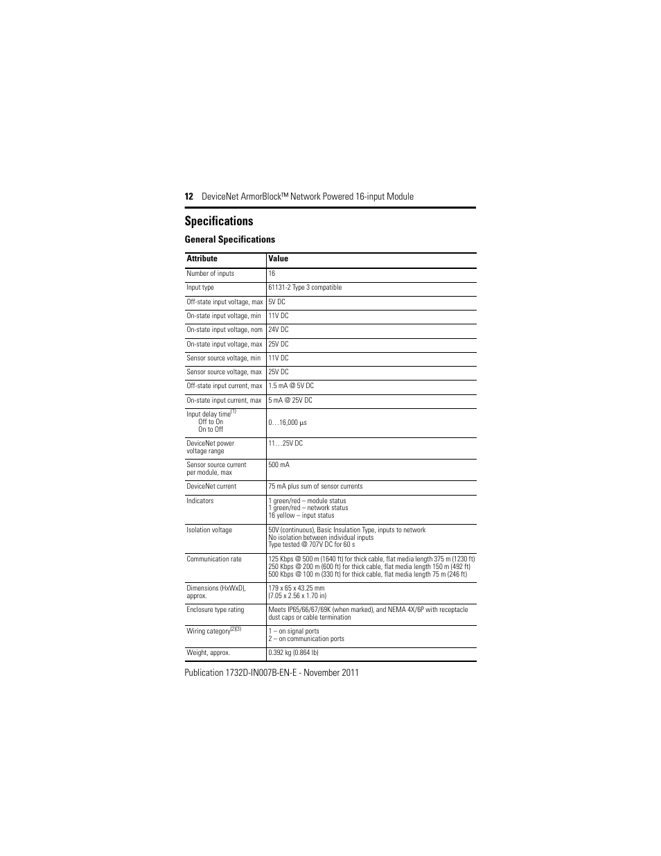 Specifications, General specifications | Rockwell Automation 1732D-IBDPM12MND DeviceNet ArmorBlock Network Powered 16-Input Module, Series A I.I. User Manual | Page 12 / 16