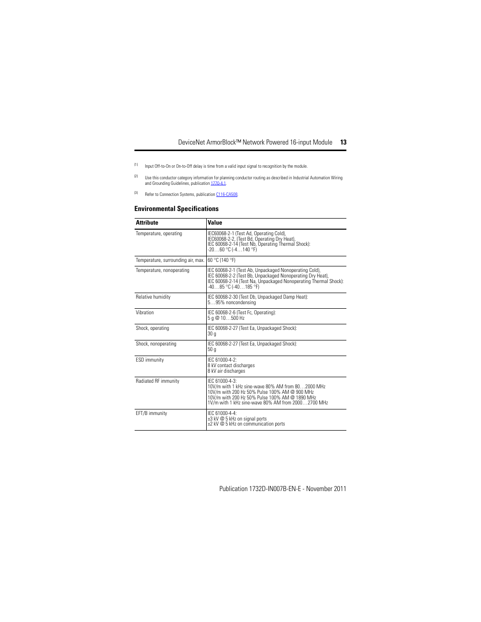 Environmental specifications | Rockwell Automation 1732D-IBDPM12MND DeviceNet ArmorBlock Network Powered 16-Input Module, Series A I.I. User Manual | Page 13 / 16