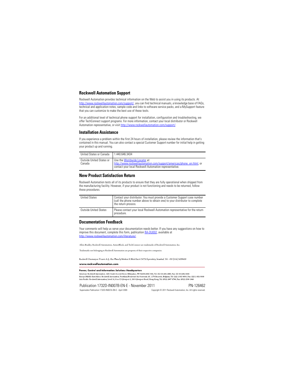 Back cover, Rockwell automation support, Installation assistance | New product satisfaction return, Documentation feedback | Rockwell Automation 1732D-IBDPM12MND DeviceNet ArmorBlock Network Powered 16-Input Module, Series A I.I. User Manual | Page 16 / 16