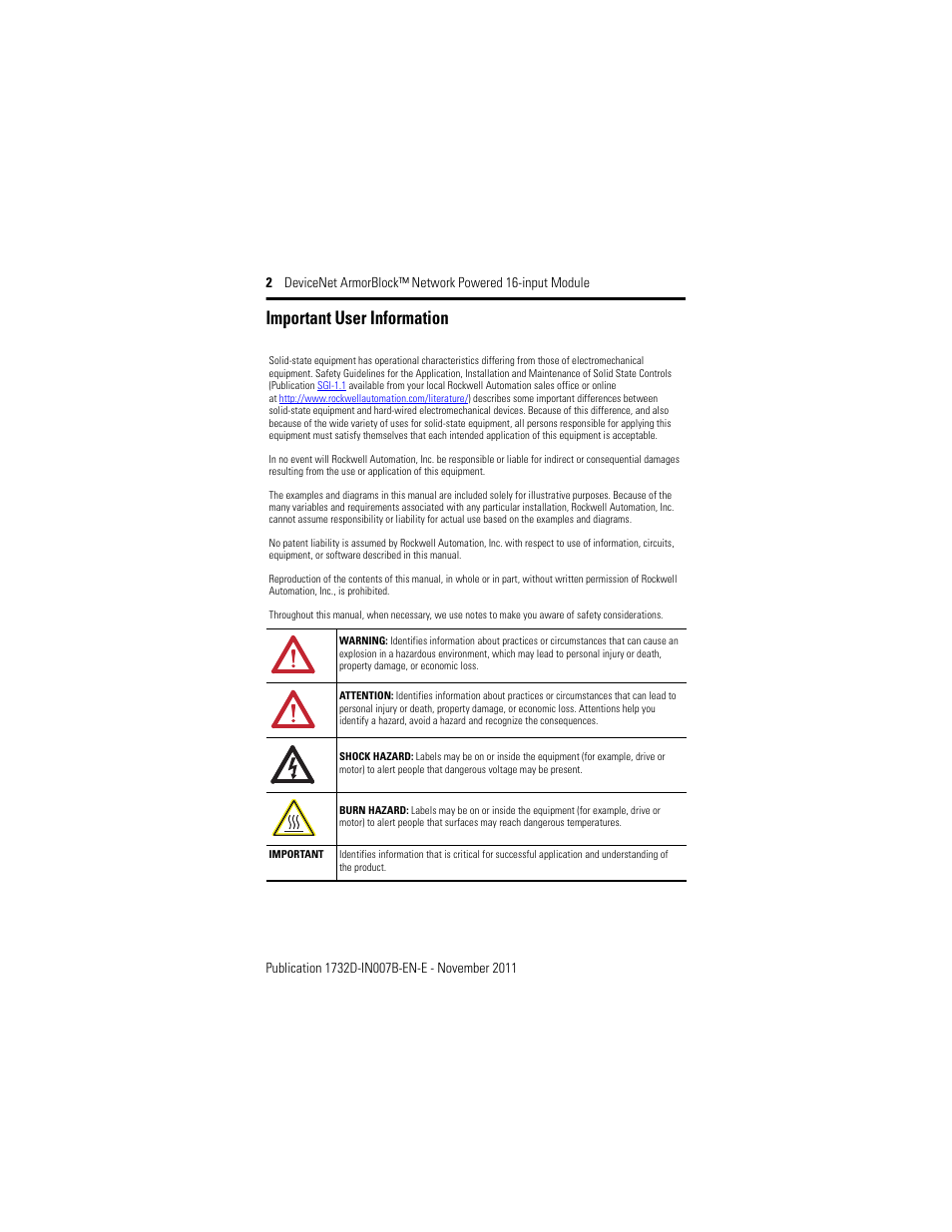 Important user information | Rockwell Automation 1732D-IBDPM12MND DeviceNet ArmorBlock Network Powered 16-Input Module, Series A I.I. User Manual | Page 2 / 16