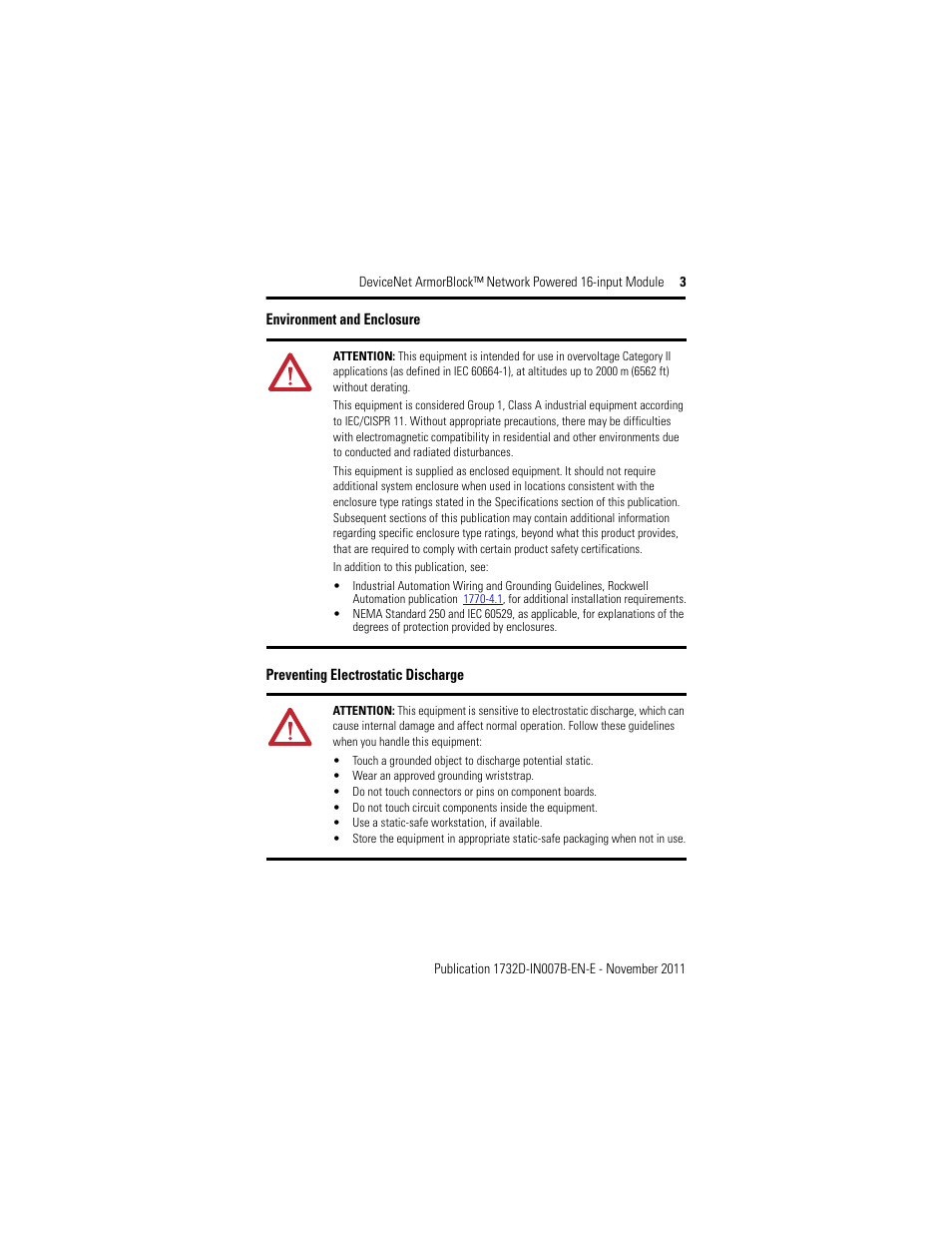 Environment and enclosure, Preventing electrostatic discharge | Rockwell Automation 1732D-IBDPM12MND DeviceNet ArmorBlock Network Powered 16-Input Module, Series A I.I. User Manual | Page 3 / 16