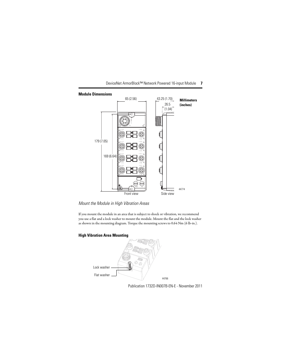 Mount the module in high vibration areas, High vibration area mounting, Millimeters (inches) flat washer lock washer | Rockwell Automation 1732D-IBDPM12MND DeviceNet ArmorBlock Network Powered 16-Input Module, Series A I.I. User Manual | Page 7 / 16