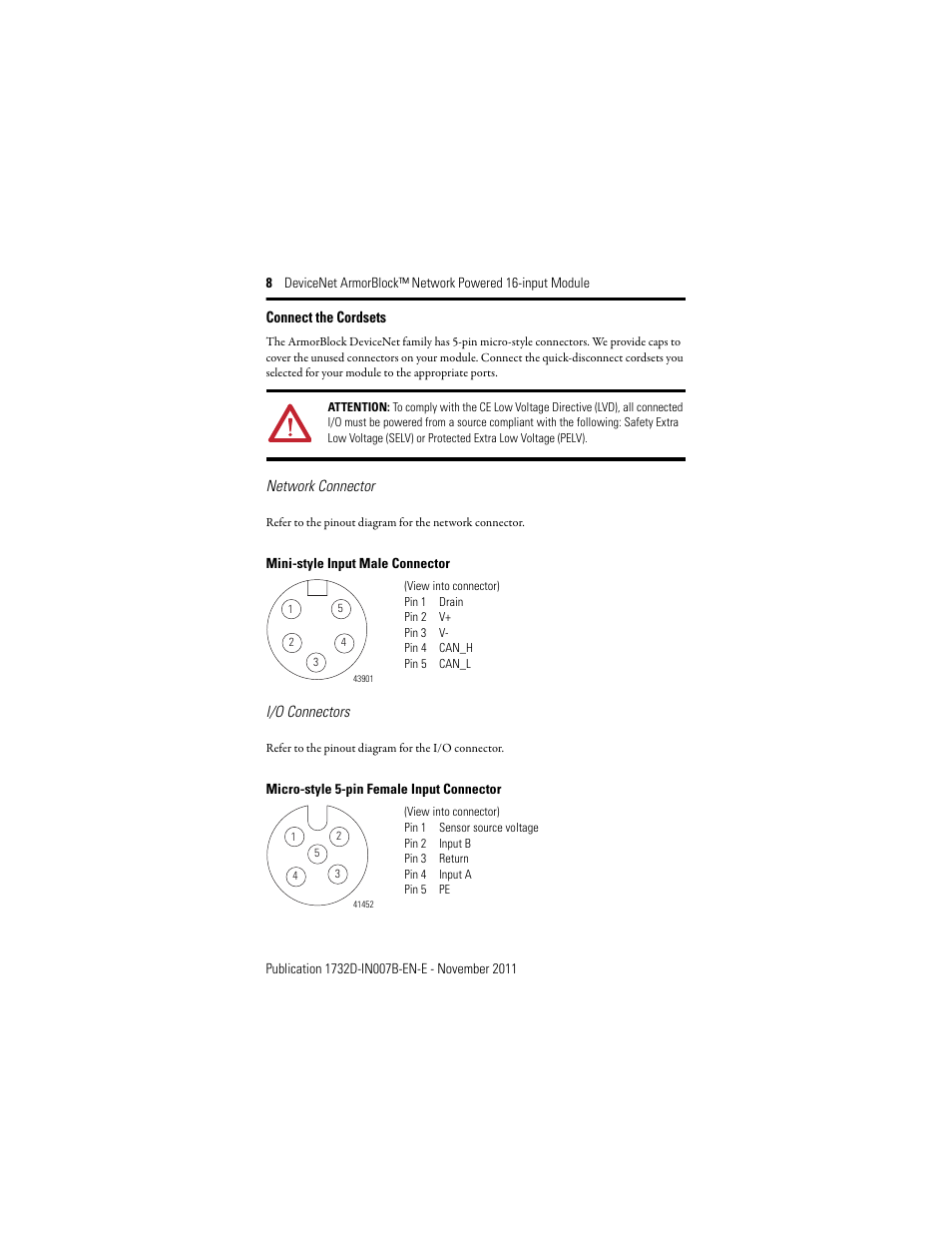 Connect the cordsets | Rockwell Automation 1732D-IBDPM12MND DeviceNet ArmorBlock Network Powered 16-Input Module, Series A I.I. User Manual | Page 8 / 16