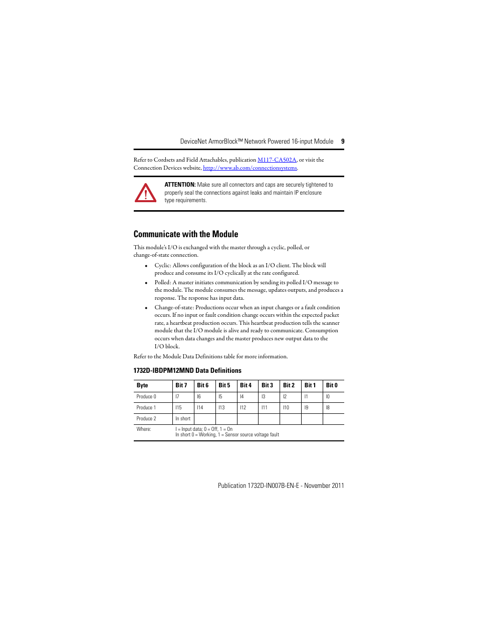 Communicate with the module | Rockwell Automation 1732D-IBDPM12MND DeviceNet ArmorBlock Network Powered 16-Input Module, Series A I.I. User Manual | Page 9 / 16