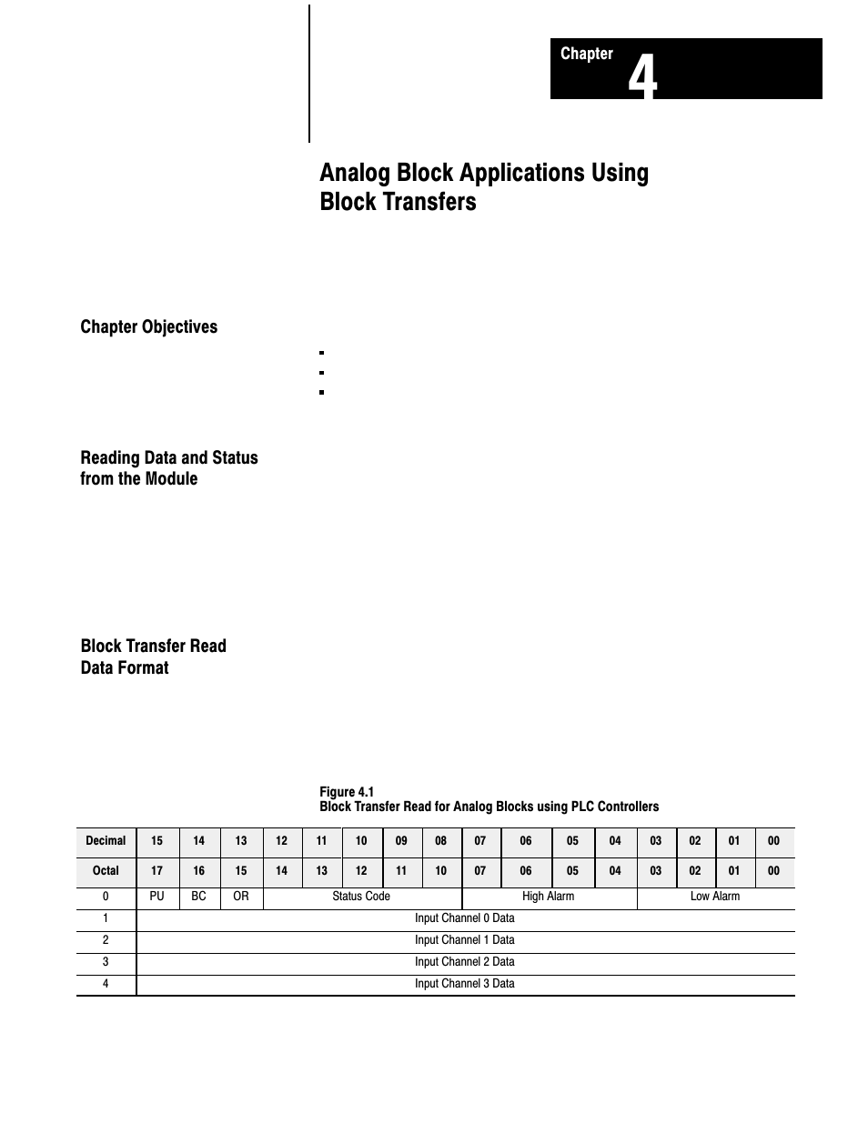 Chapter objectives, Reading data and status from the module, Block transfer read data format | Analog block applications using block transfers | Rockwell Automation 1791-XXXX ANALOG BLOCK I/O User Manual | Page 41 / 80