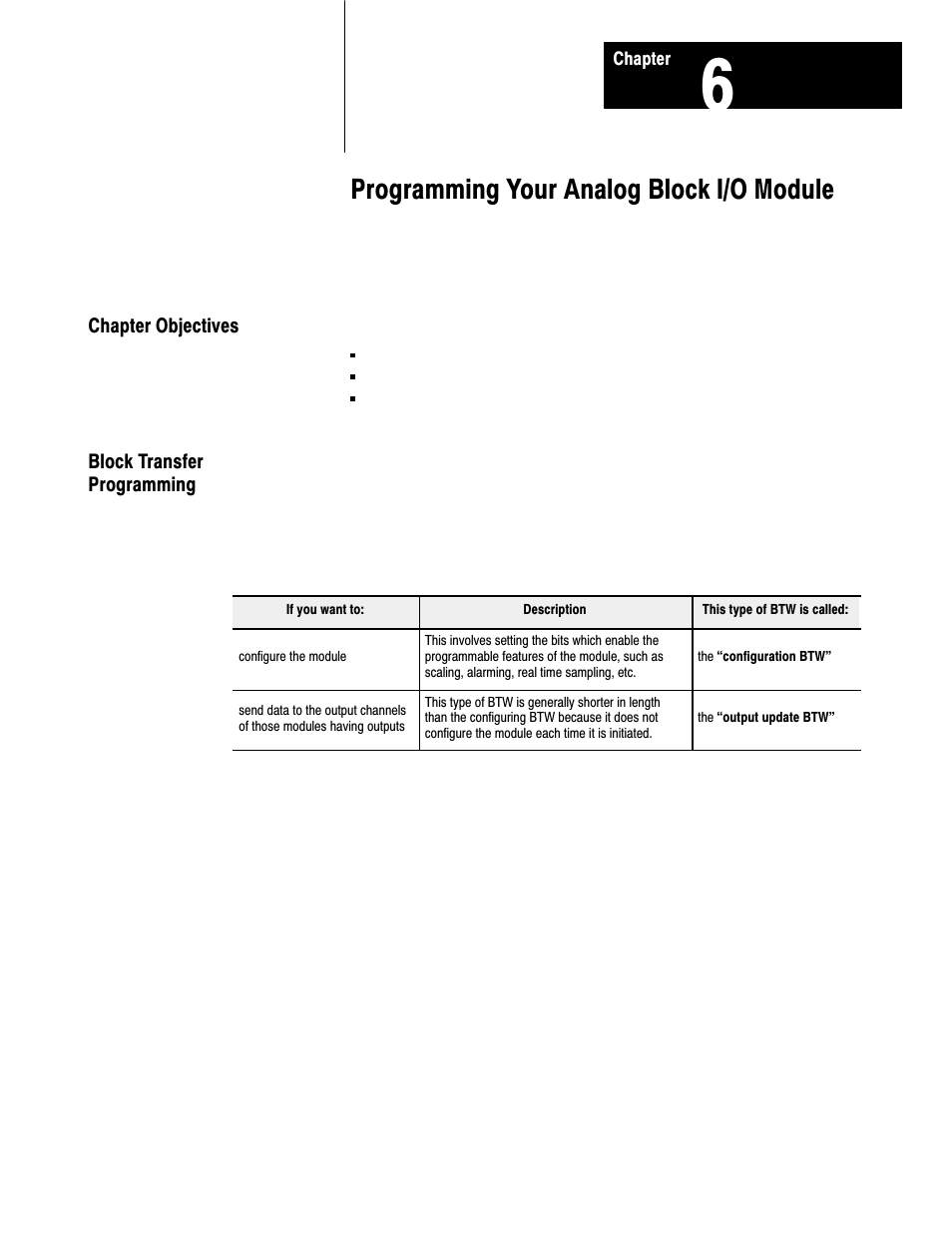 6 - programming your analog block i/o module, Chapter objectives, Block transfer prograamming | Programming your analog block i/o module | Rockwell Automation 1791-XXXX ANALOG BLOCK I/O User Manual | Page 51 / 80